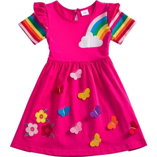 Baby girl dress girl short sleeve dress butterfly embroidery summer 100% pure cotton new product flower rainbow sleeve kid dress