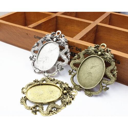 Fit 30x40mm Dragon Oval Pendant Tray Cameo/Glass/Cabochon Frame bezel Settings Antique gold silver 2pcs/lot K05495