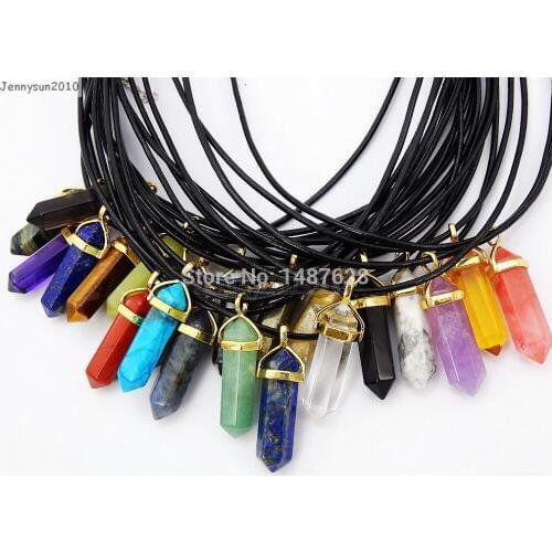 Mixed Natural Gems Stones Hexagonal Pointed Healing Reiki Chakra Gold Pendant with Black Leather Cord Necklace 18'' 5 Sets/pack