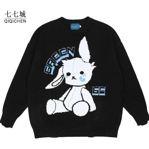 Hip Hop Sweater Men Women Sad Rabbit Oversized Knitted Pullover 2021 Autumn Streetwear Fashion Cotton Hole College Sweaters 2021
