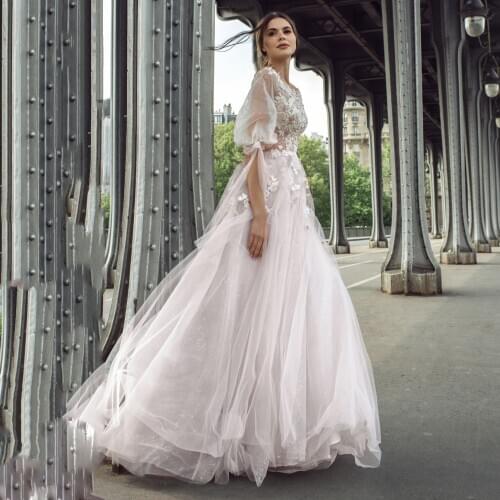Thinyfull Princess Pearls Puffy Sleeve Wedding Dresses Scoop A Line Bride Dresses Tulle Button Lace Appliques Bridal Gown 2020