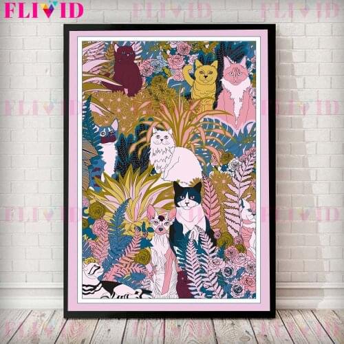 Vintage Cat Cartoon Animal Flower Plant Nordic Poster Wall Art Canvas Painting Wall Pictures For Living Room Home Decor Unframed