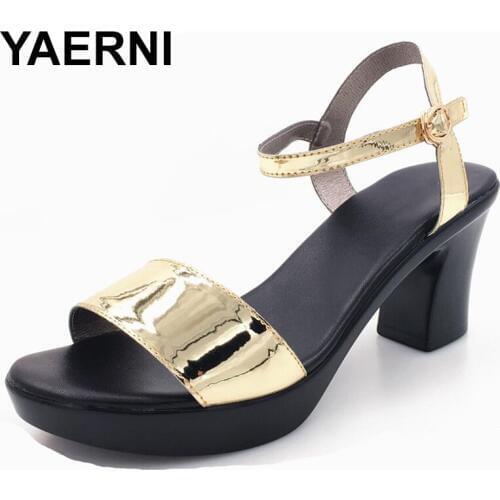 YAERNI Woman sandals summer genuineleather fashion simple thickhigh heel sandals female open toe comfortable womens sandalsE775