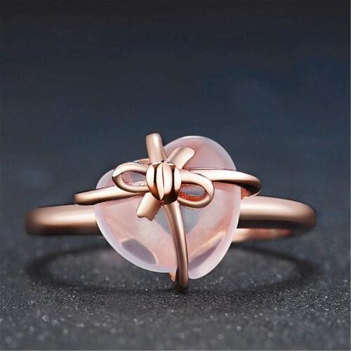 Women Fashion 14K Rose Gold Ring Bow Heart Shape Natural Pink Sapphire Jewelry Wedding Engagement Party Ring Size 5-11