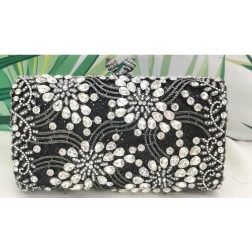 Black Gold Flower Women Crystal Evening Dinner Bag Floral Diamond Lady Wedding Bridal Clutch Wallet Female Cocktail Prom Handbag