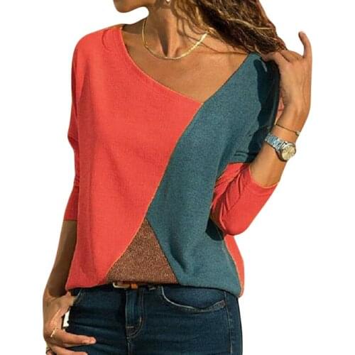 2021 Women T-shirts Long Sleeve Round Neck Patchwork Pullover Slim Fit Female Autumn Tops Dropshipping