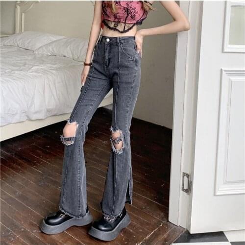 Bella 2021 New Sexy Vintage Hole Ripped Jeans Wide Leg Denim Flare Slim Pants High Waist Party Casual Trousers Bodycon Bell Pant