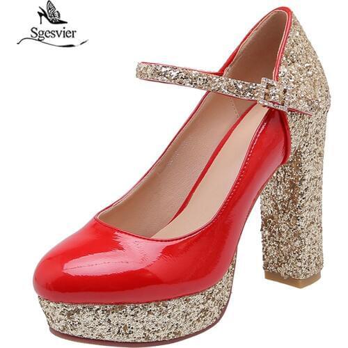 Sgesvier Autumn 2019 Fashion Glitter Bling Gold Silver Platform Mary Jane Party Wedding Bride Shoes Womens Heels Pumps Big Size