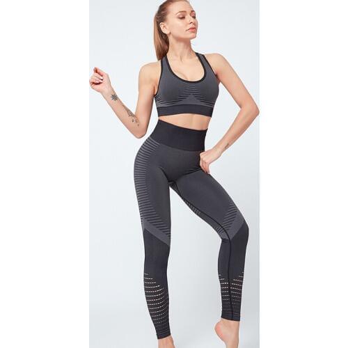 Patchwork 2 Piece Set Women Seamless Yoga Set Breathable Mesh Sport Set Women Crop Top Shirts High Waist Running Leggings
