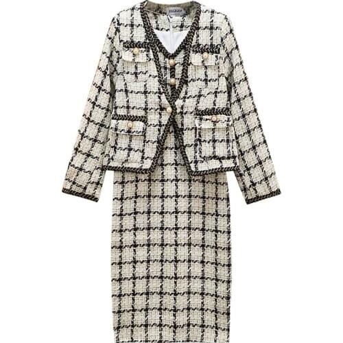 2021 New Arrival High-end Custom Runway Women Sets Fashion Vintage Plaids Short Coat And Sleeveless Mini Dress Two Piece Set