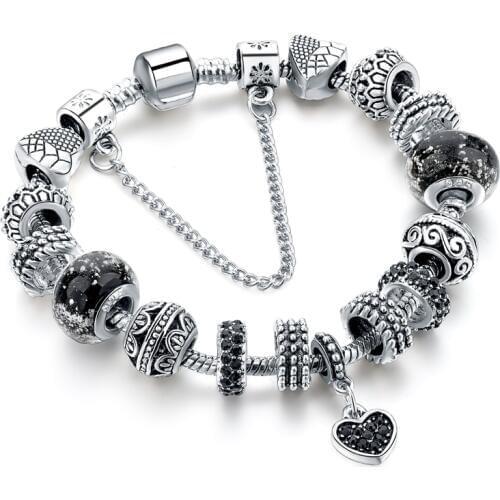 Szelam Black Heart Charm Bracelets For Women European Silver Bracelets Bangles DIY Fashion Silver Jewelry SBR160293