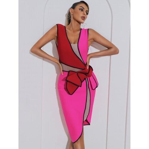 Sleeveless Sexy Mesh Color Patchwork Women Bandage Bodycon Dress Casual Ladies Elegant Club Evening Party Vestidos Robe DH7429