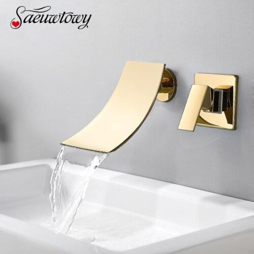 Bathroom Golden Waterfall Basin Faucet Washbasin Sink Mixer Wash Basin Faucet Bathroom Tap Wall Mount Embedded Box Mixer Tap