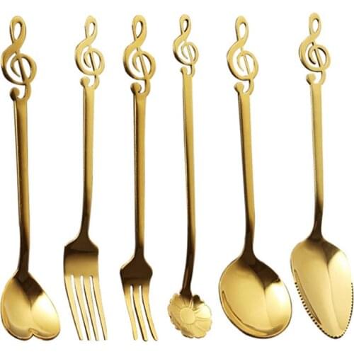Golden Coffee Spoon Set Stainless Steel 6PCS Assorted Music Note Dessert Fork Tea Spoon For Home Stainless Steel Tableware Set