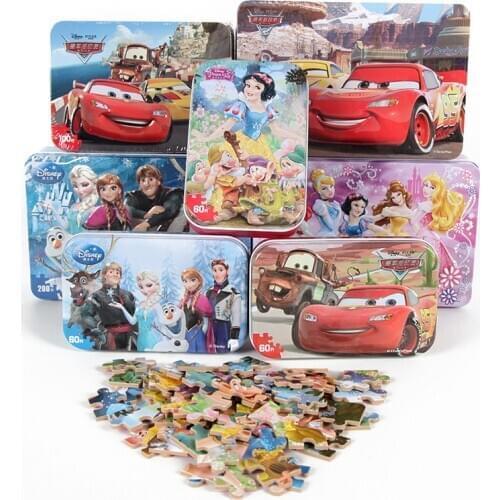 60pcs/set Aisha and Anna Cars Iron Box Wooden Puzzle Kids Birthday Party Gifts Toy Supplies Early Education Enlightenment Jigsaw