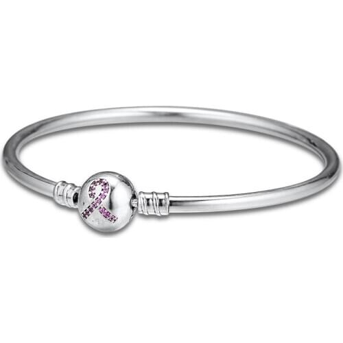 Pink Ribbon Clasp Bangle Bracelet 925 Sterling Silver CZ Charms Bracelets for Women Fine Jewelry Making Wholesale