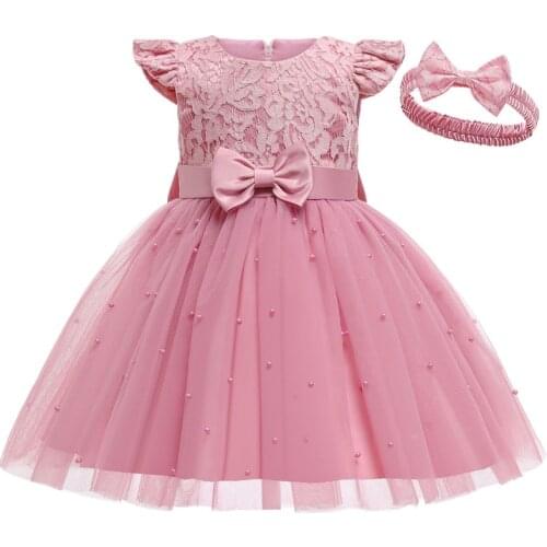 Ins 2021 New Children Clothing Pearl Bowknot Pink Mesh Lace Baby Girl Princess Dress For Girls Party Puffy Dresses Send Headband