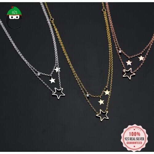 ElfoPlataSi 100% 925 Sterling Silver Neklace Linked Stars Double Layer Necklace For Women Wedding Party Jewelry Ds2013