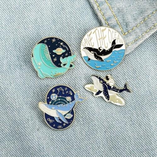 Save the ocean Cartoon Whale Enamel Brooch Outer Space Astronauts interstellar Universe Whale Lapel Pin Backpack Jackets Badge