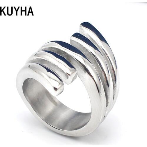Fashion Punk Irregular Style 316L Stainless Steel Metal High Polish Summer Unique Women Angel Wing Ring Bird Feather Ring Design