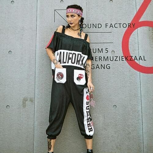 Hip Hop Costume Bib Pants Personalized Print Jumpsuit Women Street Dancewear Adult Dance Outfit Stage Dancing Clothes DT889