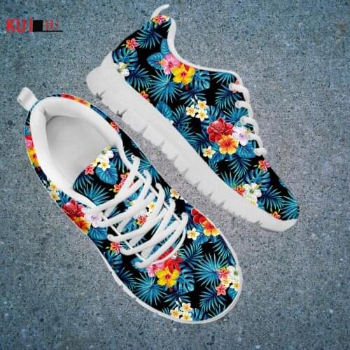 KUILIU 2021 Womens Shoes Tropical Flower Print Lace Up Sport Shoes mesh Sneaker Casual Flats Shoes Free Shipping Dropshipping