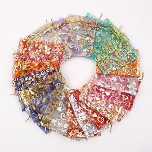 100pcs Random Drawable Heart Flower Small Organza Drawstring Bag Favor Wedding Christmas Gift Bag Jewelry Packaging Bags Pouches
