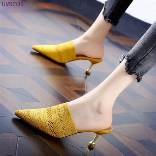 Knit Mesh Breathable High Heels Mules Slippers Women 2021 Summer Shoes Women Pointed Toe Thin Heels Fashion Party Ladies Shoes