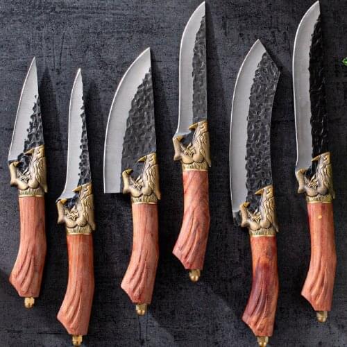 6PCS Sharp Hunting Knives High Carbon Steel Kitchen Knives Set Handmade Forged Viking Barbecue Knife Copper Dragon Decor Handle