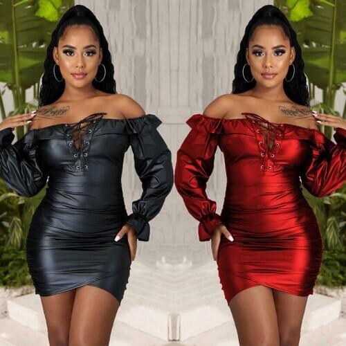 New Fashion 2020 Faux Leather Pu Lace Up Slash Neck Midi Bodycon Dress Off The Shoulder Slim Fit Pencil Sxy Hip Dress S-XXL