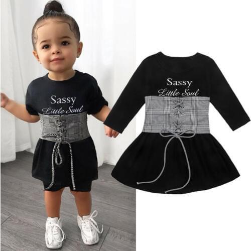 1-6Y Fashion Baby Girls Dress Long Sleeve Letter A-Line Dress +Plaid Lace Up Belt Dress Outfits Set