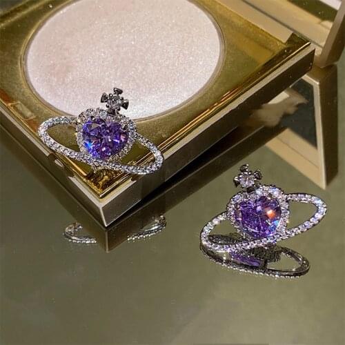 Korean style purple rhinestone heart-shaped planet ins fashion ladies earrings 2021 trend Elegant party accessory Women jewelry