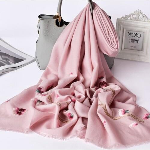 Fine Embroidery 100% Wool Scarf Shawls For Women Luxury Wraps Warm Wool Scarves For Female Scarf Neckerchief Autumn Winter