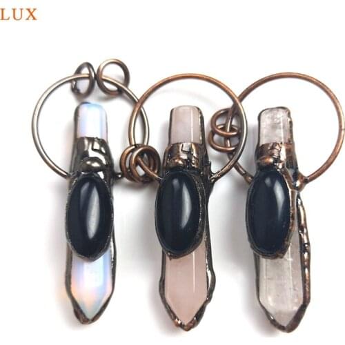 Vintage Natural Rose Quartz Pendant Clear Quartz Opal Oval Obisidian Pendant Bronze Bullet Shape Necklaces For Women Jewelry Set