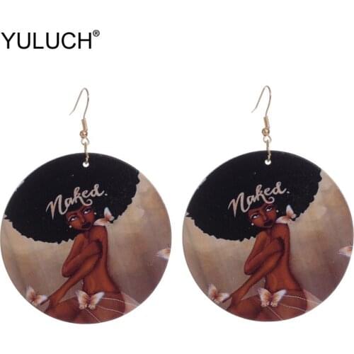 YULUCH Ethnic African Art Animal Patter Painted Printing Pendant Earrings Fashion Round Wooden Statement Drop Earrings For Women