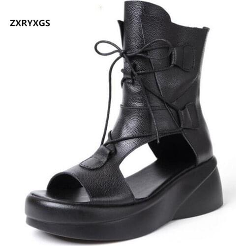 2021 New Summer Top Cowhide Women Leather Sandals Cool Boots Roman Sandals Light Platform Wedge Heighten Shoes Womans Sandals