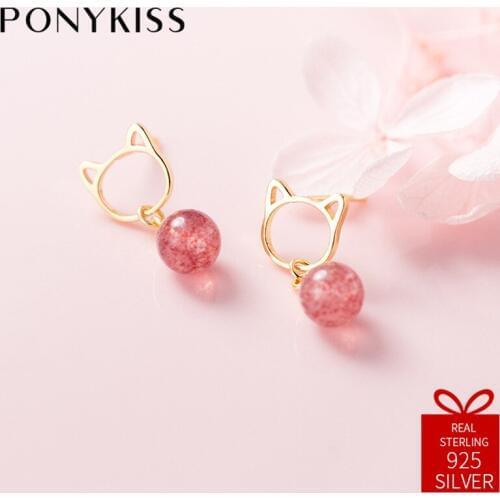 PONYKISS Romantic S925 Sterling Silver Cat Pink Strawberry Quartz Dangle Drop Earrings Women Party Delicate Jewelry Cute Gift