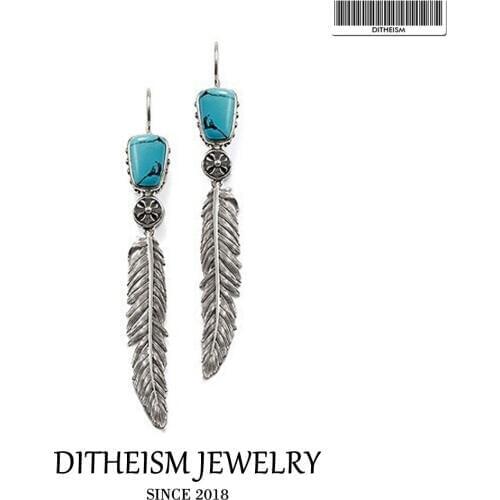 Blue Stone Feather Swan Neck Drop Earrings, 2018 New Fashion Jewelry Ethnic 925 Sterling Silver Gift For Women