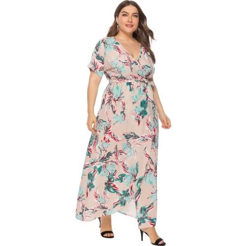 Plus Size Floral Dress With Slit 2021 V Neck Short Sleeve Print Party Elegant Slim High Waist Flowers Plus Size Boho Beach Dress