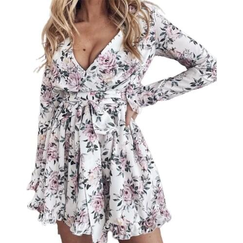 Women Dress Floral Print Ruffles Hem Autumn Long Sleeve V Neck Bohemian Dress Streetwear Women Dress