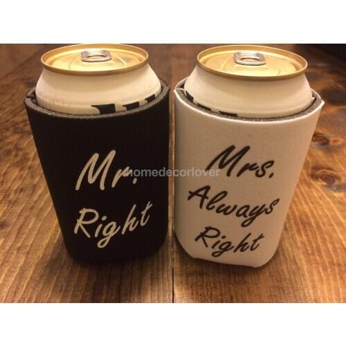 Beer Tin Can Cooler Sleeve Holder Wedding Favor Mr. Right Mrs. Always Right