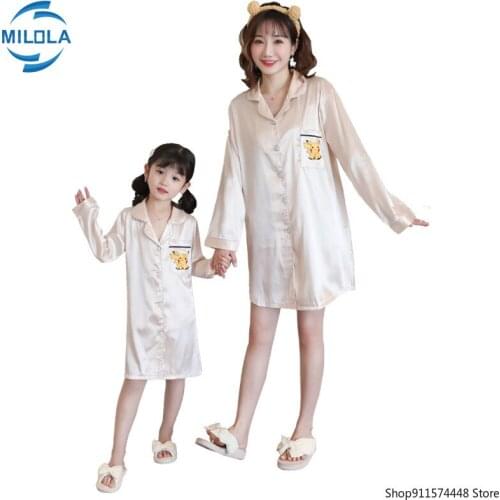 2021 Pikachu Pajama Skirt Summer Autumn Mother and Daughter Long Sleeve Silk Homewear Pikachu Pajama Dress Womens Clothing