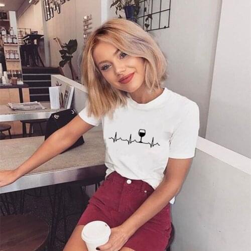 2021 Wine Glass Heartbeat Women Tshirt Funny T Shirt Women fashion Camiseta Mujer Short Sleeve T-shirt Lady Young Girl Tops Tee