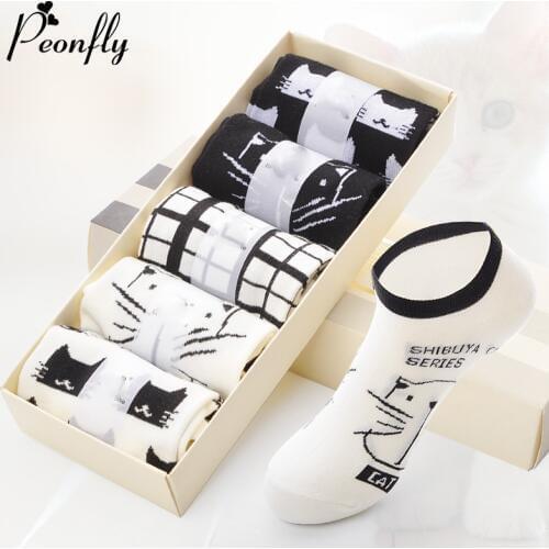 5pairs/lot art Cartoon cat Socks slippers women Spring Summer Cathead Boat Kitty Full Cotton Woman Socks