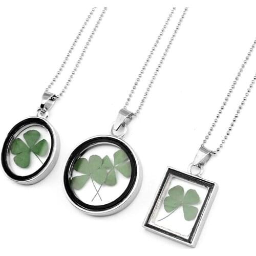 Creative handmade natural dried flower specimen lucky four-leaf clover sweater chain crystal glass necklace female jewelry