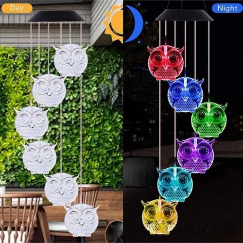 Wind Chime Owl Shape Seven-Color Changing Decorative Light Solar Hanging Ornament Light Solar-powered Home Decoration