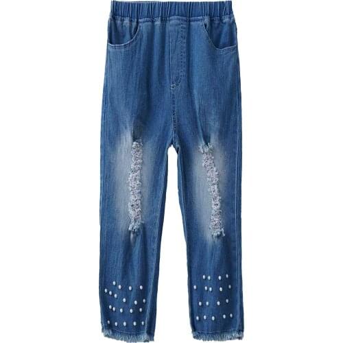 Kids Baby Girls Clothing Children Teenage Jeans Summer Casual Beads Ripped Jeans Denim Pants Elastic Trousers Blue Hole Pants