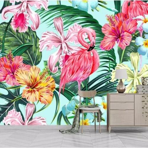 Custom 3D Wall Mural Tropical Plant Leaf Pink Flowers And Birds Photo Wallpaper Living Room Dining Rooom Papel De Parede 3D Sala