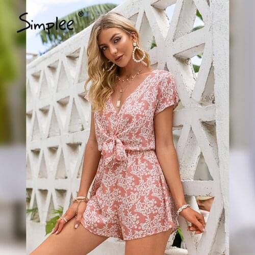 Simplee Pink Printed High Waist Romper Summer Women 2021 Casual Holiday Beach Bow Playsuits Sexy Deep V-neck Boho Female Romper
