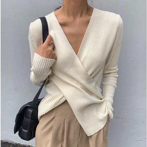 Criss-Cross V Neck Pollover Autumn 2021 Korean Top Thick Knitted Loose Jumper Cute Sweater Woman Solid Warm Winter Clothes Women